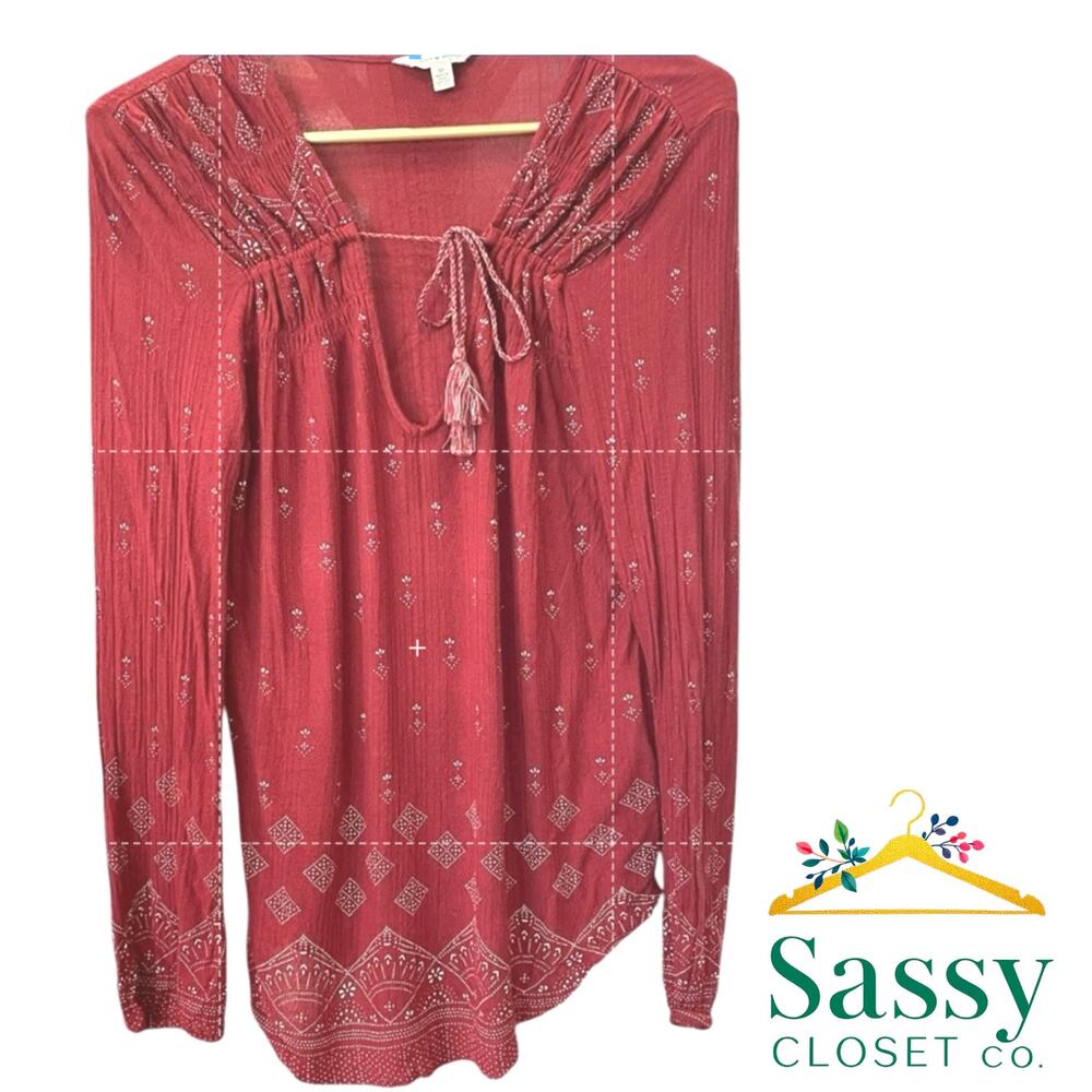LUCKY BRAND Burgundy Geometric Boho Viscose Blouse M Tassel Split Neck Top EUC